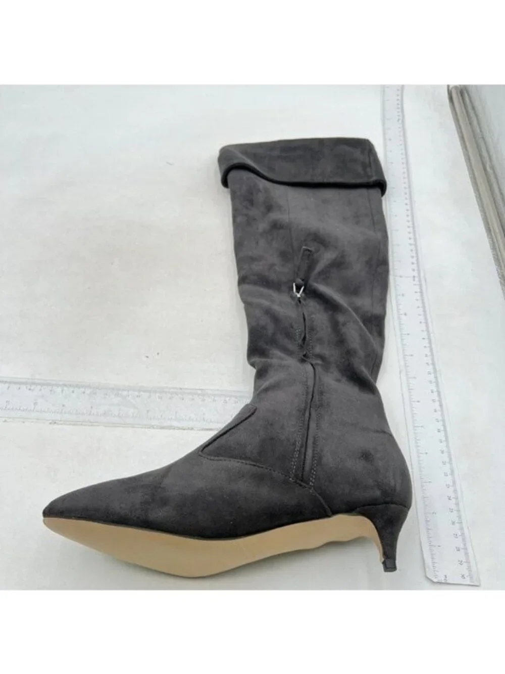 YDN Women Pointed Toe Over The Knee High Stilettos Kitten Mid Heel Grey Suede